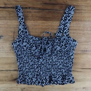 LA HEARTS BLACK & WHITE FLORAL SMOCK CROPPED SLEEVELESS SUMMER TOP SIZE SMALL